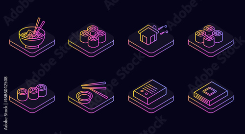 A collection of eight glowing neon isometric icons representing Japanese cuisine, including sushi, ramen, and food delivery elements.