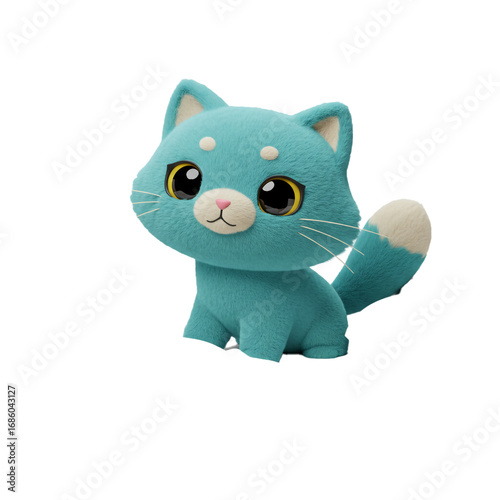 A charming, fluffy, turquoise-colored feline character with large, expressive eyes and a playful, curious expression is depicted.