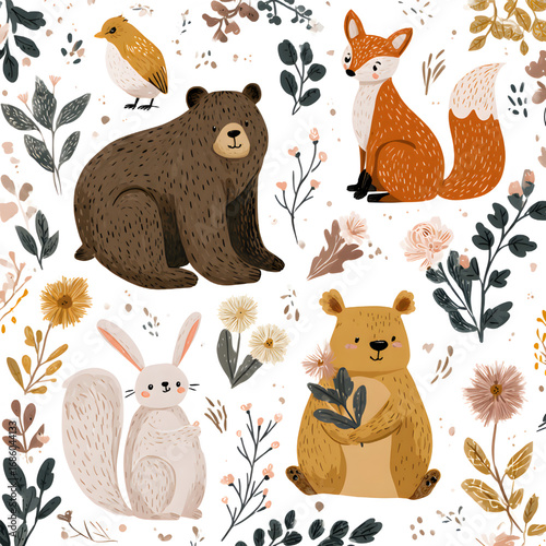 Cute collection of illustrated woodland animals like bear fox and squirrel.