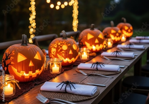 Illuminated jack o lanterns and candles on a halloween themed dinner table with string lights above it