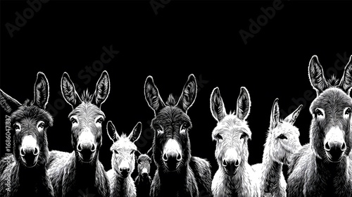 A curious herd of donkeys in a striking black and white portrait.