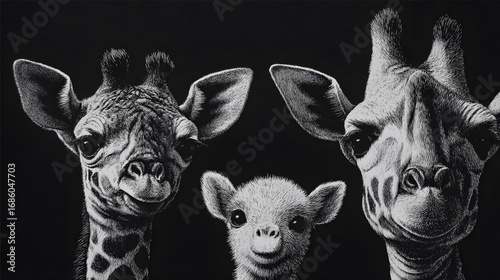 A beautiful black and white portrait of a giraffe family.