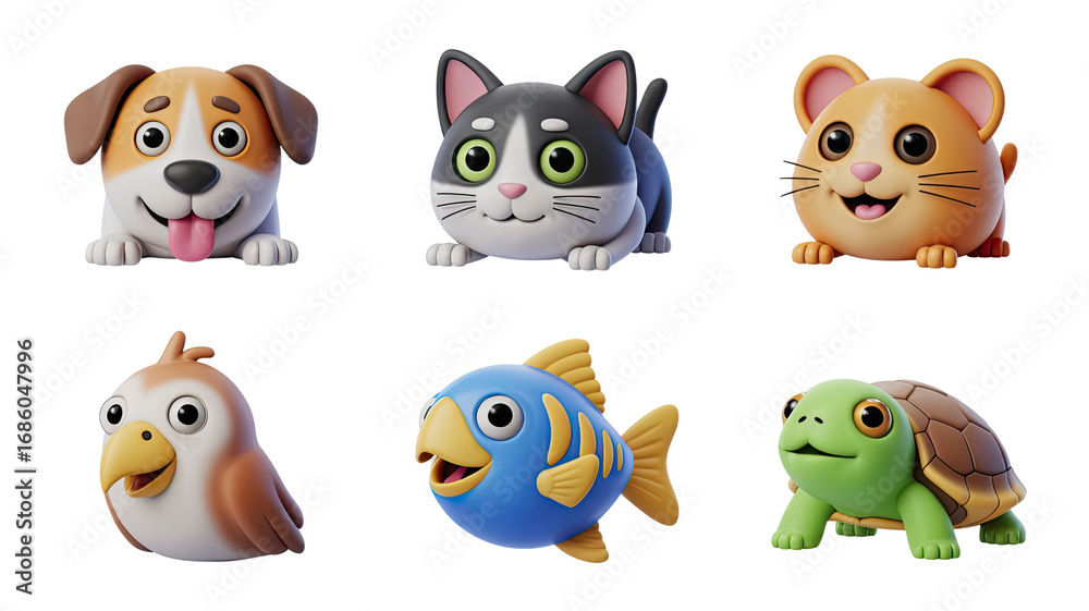 Obraz premium Adorable cartoon animals: dog, cat, hamster, bird, fish, and turtle, perfect for kids' content
