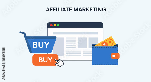 Online shopping and digital commerce concept with shopping cart, wallet, and buy buttons.