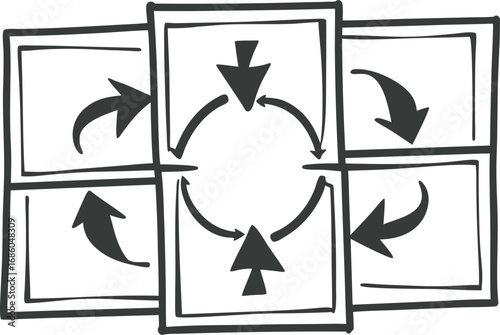 Arrows converge into a small circle then split outward, frame sequence outline