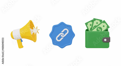 Promotional megaphone, link icon, and wallet full of cash symbolizing marketing, connection, and financial success