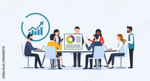 Diverse team collaborating in a modern meeting room, discussing growth charts and pie graphs.