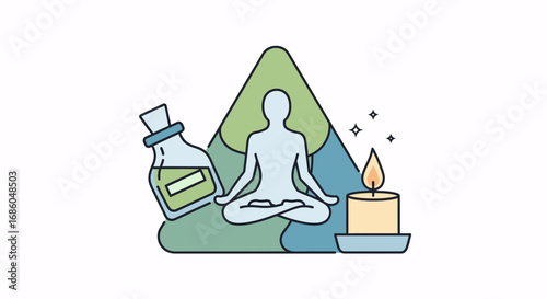 Serene figure meditating with candle and aromatherapy oil, promoting wellness and balance.