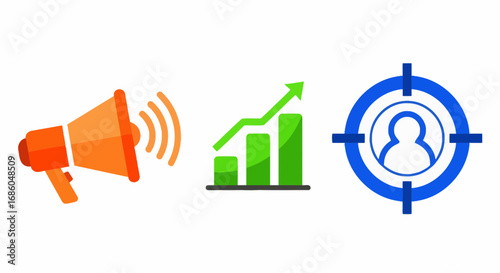 Illustration of marketing strategy with megaphone, growth chart, and target audience.