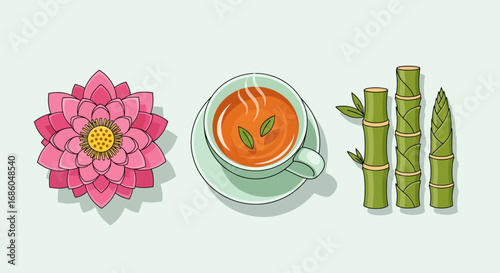 Serene pink lotus flower, steaming cup of herbal tea, and green bamboo stalks arranged on a pale background