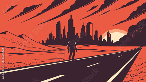 A lone figure walks towards a city skyline on a desert road at sunset.