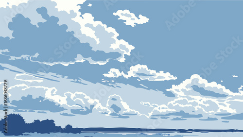 Abstract Blue Sky and Cloudscape Landscape Illustration Nature Background Calm Scene Peaceful Atmosphere Digital Art Graphic Design Wallpaper Banner Website Header Card Design Print Poster Soft Color.