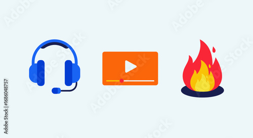 Icons representing customer support, online video, and trending topics on a light blue background