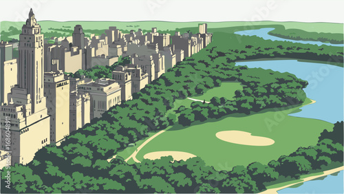 Aerial View of City Skyline and Park with River.