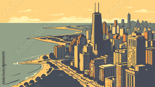 Aerial View of City Skyline at Sunset with Coastal Road and Beach.