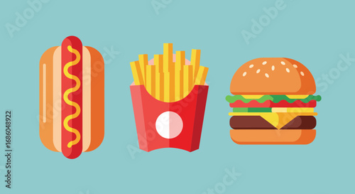 Classic fast food meal featuring a hot dog, french fries, and a hamburger against a teal background.