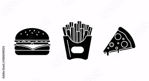 Simple black icons of a burger, french fries, and a slice of pizza on a white background.