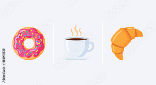 Delicious breakfast trio featuring a frosted donut, hot coffee, and a flaky croissant