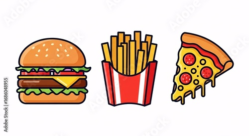 Delicious burger, crispy fries, and cheesy pizza slices presented on a clean background.