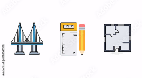 Illustration of architectural planning with bridge, ruler, pencil, and floor plan icons.