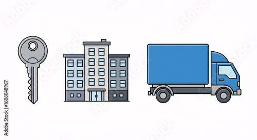 Key, building, and delivery truck icons representing home, business, and logistics