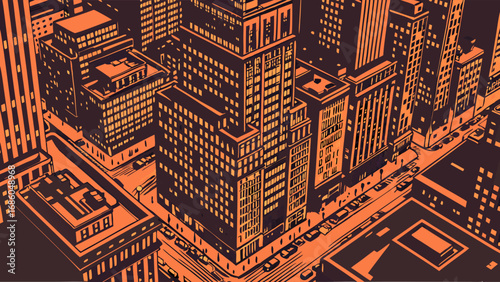 Aerial View of Cityscape at Night Urban Buildings Illuminated Windows Downtown Skyline Illustration.