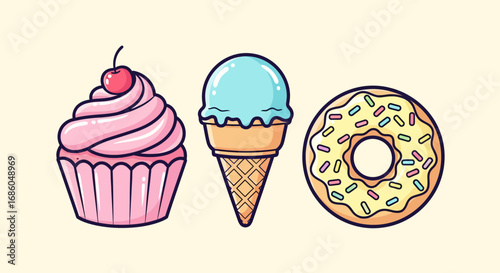 Sweet treats including a cupcake, ice cream cone, and donut arranged side by side.