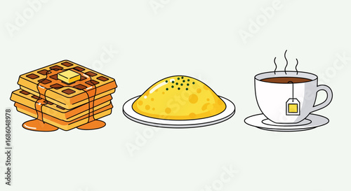 A delicious breakfast spread featuring stacked waffles, a fluffy omelet, and a steaming cup of tea.