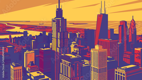 Aerial View of City Skyline at Sunset Urban Landscape High-Rise Buildings Modern Architecture Cityscape Illustration.