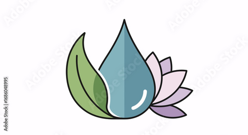 Symbol of purity and natural balance with water drop, leaf, and lotus flower