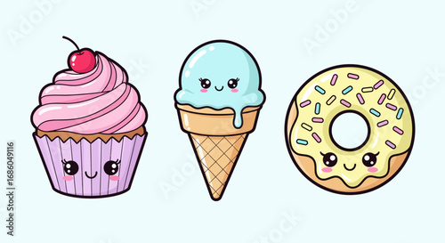 A cute collection of three kawaii dessert characters: a cupcake with pink frosting, a blue ice cream cone, and a donut with sprinkles.