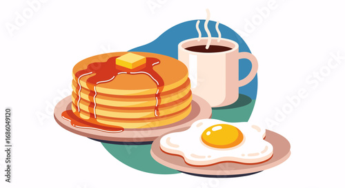 Classic American breakfast illustration with a stack of pancakes, butter, maple syrup, a sunny-side-up egg, and a steaming mug of coffee.