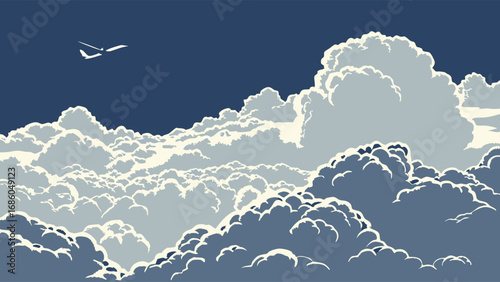 Airplane flying above the clouds aerial view cumulus cloudscape vector illustration travel transportation flight sky clouds graphic design background banner wallpaper texture art abstract illustratio.