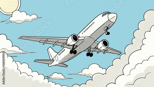 Airplane flying above the clouds cartoon illustration travel journey air transportation sky cloudscape vector graphic.