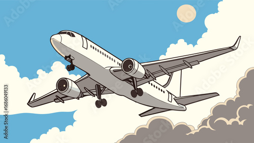 Airplane flying above the clouds sunny day travel journey transportation vector illustration airliner aircraft aviation flight sky cloudscape air travel commercial flight airplane vector plane illust.