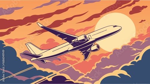 Airplane flying above the clouds at sunset travel journey aviation illustration vector graphic colorful cloudscape air travel concept.