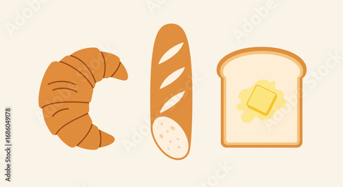A simple flat illustration of three types of bread: a croissant, a baguette, and a slice of toast with butter.