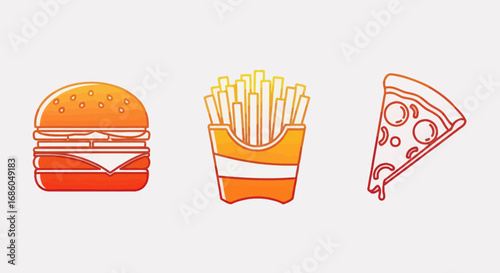 A set of three colorful fast food icons: a hamburger, french fries, and a slice of pizza.