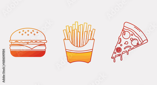 A set of gradient line art icons depicting popular fast food items: a burger, fries, and a slice of pizza.