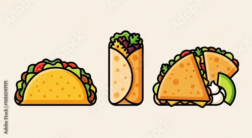 A vector illustration set of classic Mexican food including a taco, a burrito, and a quesadilla.
