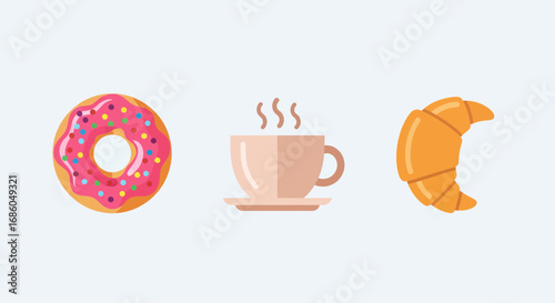 A flat design illustration of a breakfast set with a pink donut, hot coffee, and a croissant.