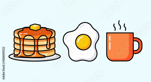 A cartoon illustration of a classic breakfast meal with pancakes, a fried egg, and a hot drink.