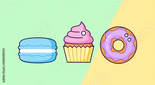 Colorful cartoon illustration of three sweet desserts: a blue macaron, a pink cupcake, and a purple donut on a split background.