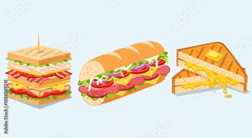 A vector illustration featuring three classic sandwiches: a layered club, a long submarine, and a gooey grilled cheese.
