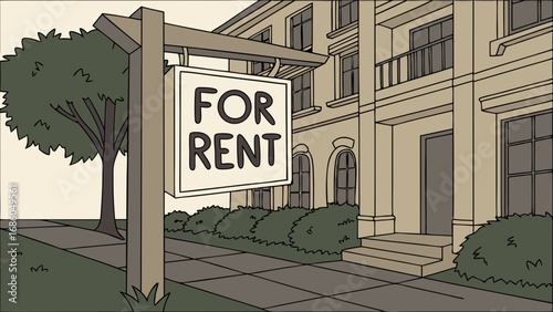 Apartment building for rent rental property sign house for lease real estate illustration home exterior building facade urban scene rental listing property for rent house illustration residential bui.