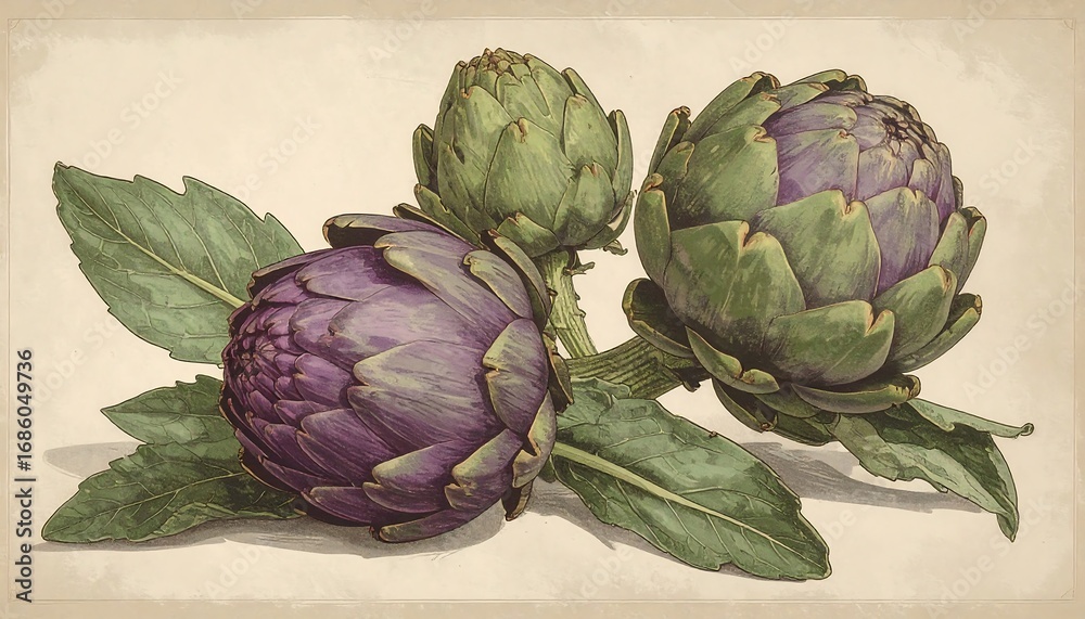 Obraz premium Vintage illustration of three artichokes with leaves