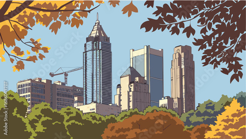 Autumnal Cityscape View from Park Skyscrapers Fall Foliage Urban Nature Illustration.