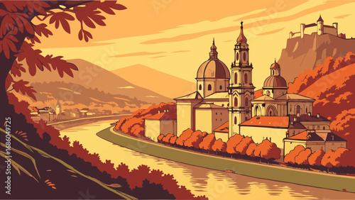 Autumnal River Scene with Church and Castle Panoramic Landscape Illustration.