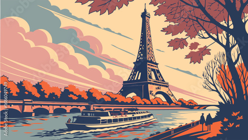 Autumnal River Scene with Iconic Tower and Boat.
