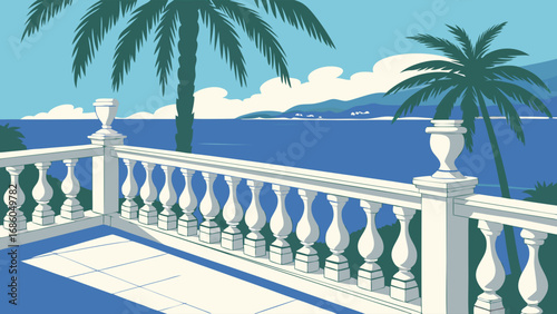 Balcony overlooking the ocean with palm trees and mountains in the background illustration in a vintage style.